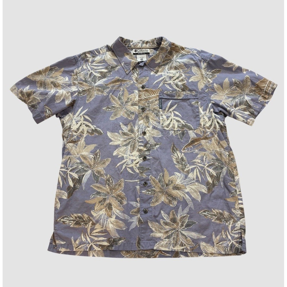 Columbia‎ Men's Medium Hawaiian Shirt 100% Cotton Palm Trees Fish Lavender Blue